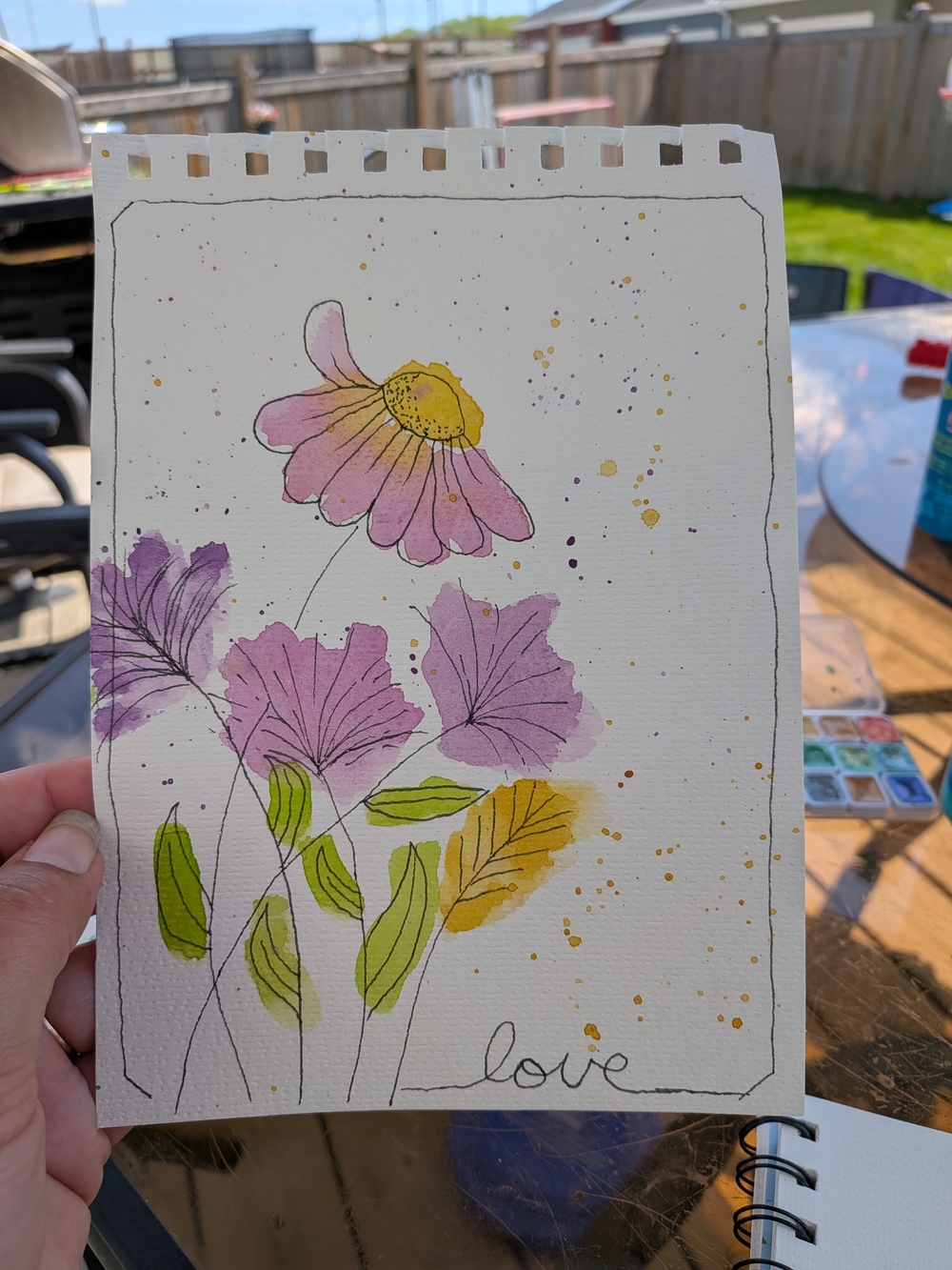 Handpainted Pink & Yellow Floral Watercolor Art Print - Love